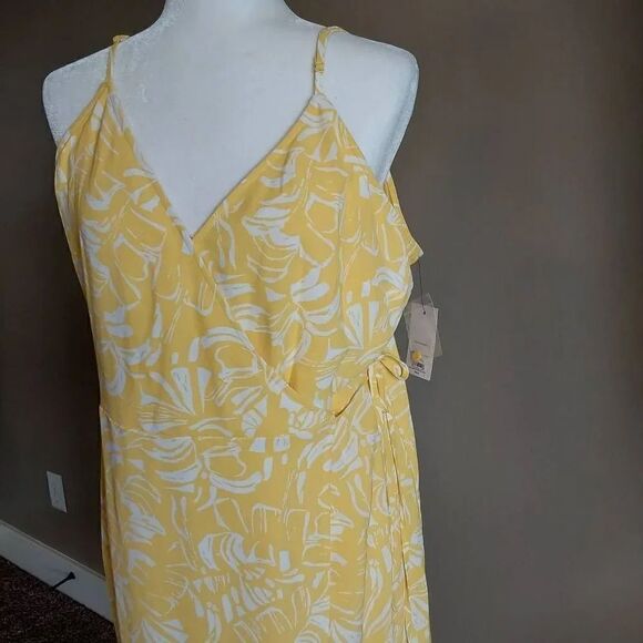 Nine West Faux Wrap Midi Dress Sz XL New Yellow Tropical - Picture 2 of 10